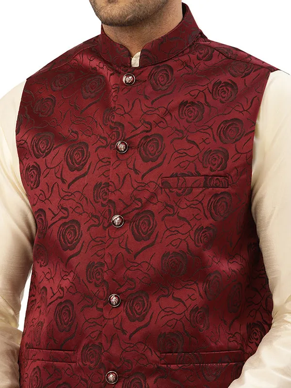 Traditional Indian Nehru Jacket for Men with Mandarin Collar - Floral Design (Maroon)