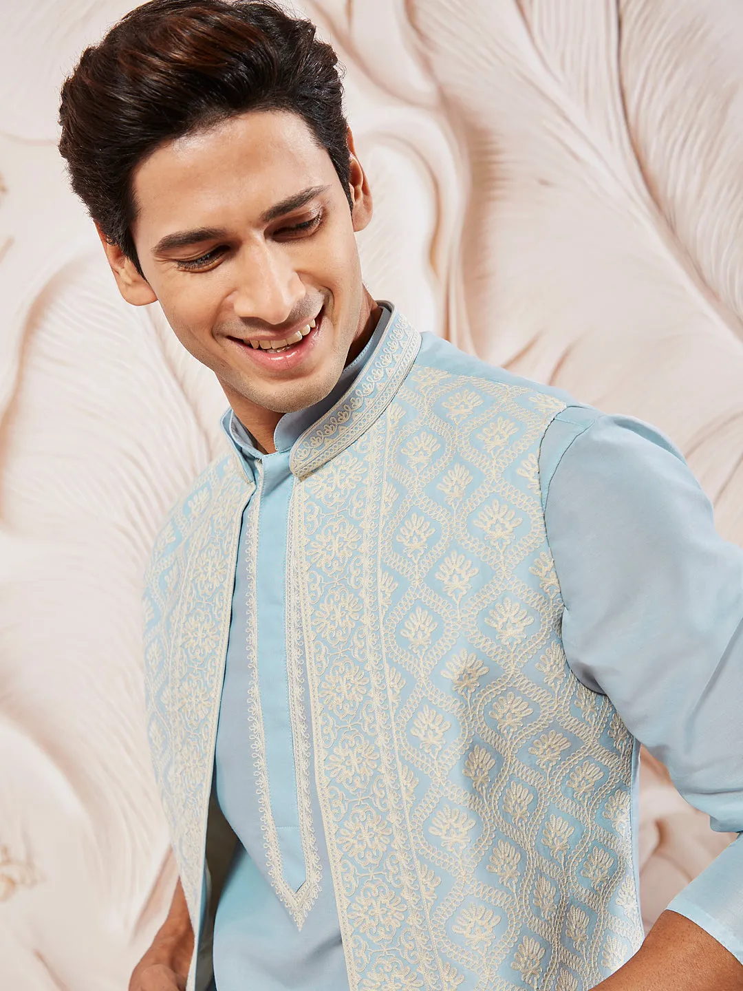 VASTRAMAY Men's Aqua Silk Blend  Jacket,Kurta And Pyjama Set.