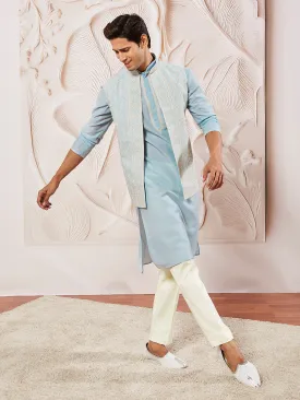 VASTRAMAY Men's Aqua Silk Blend  Jacket,Kurta And Pyjama Set.