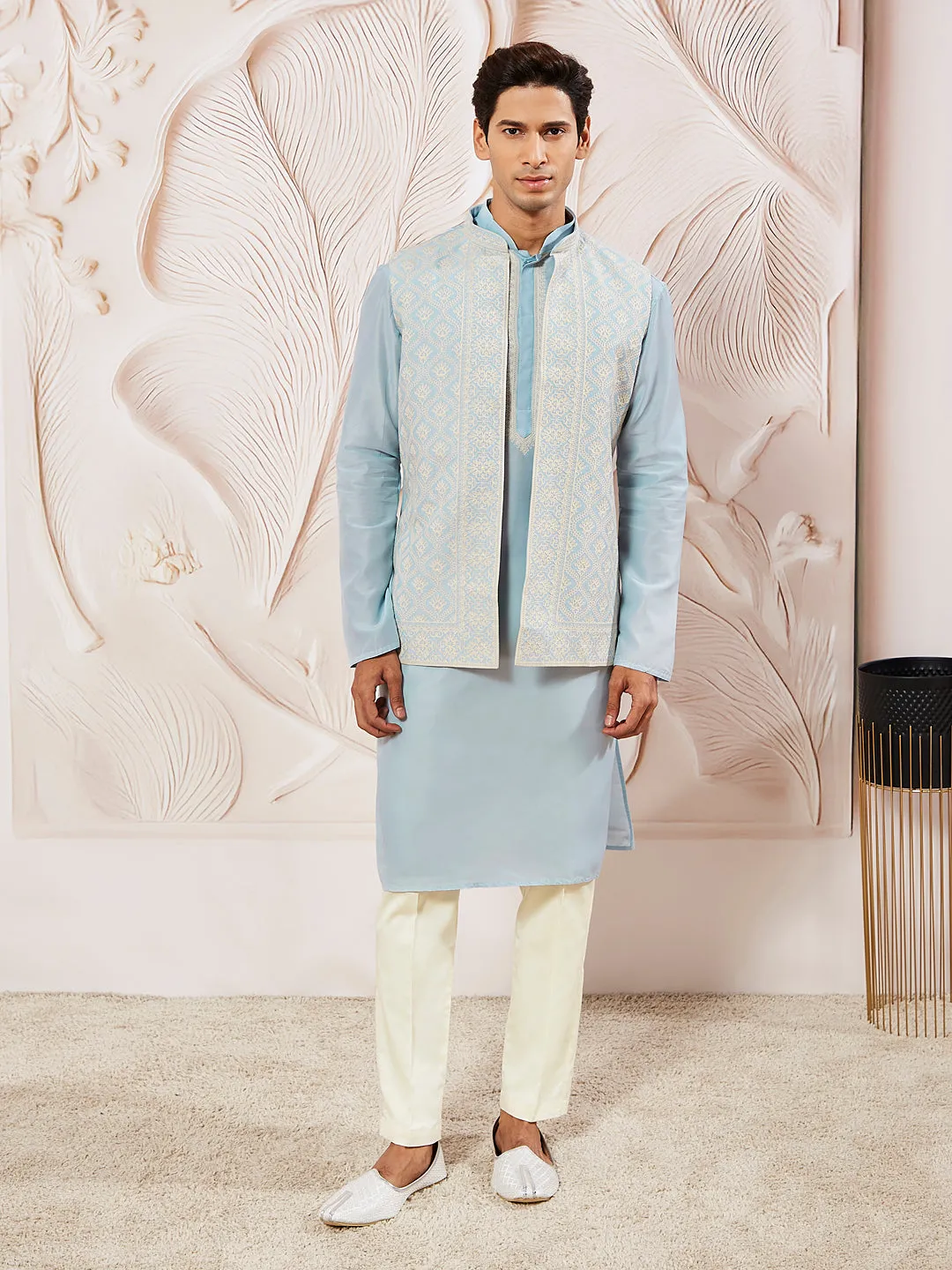 VASTRAMAY Men's Aqua Silk Blend  Jacket,Kurta And Pyjama Set.
