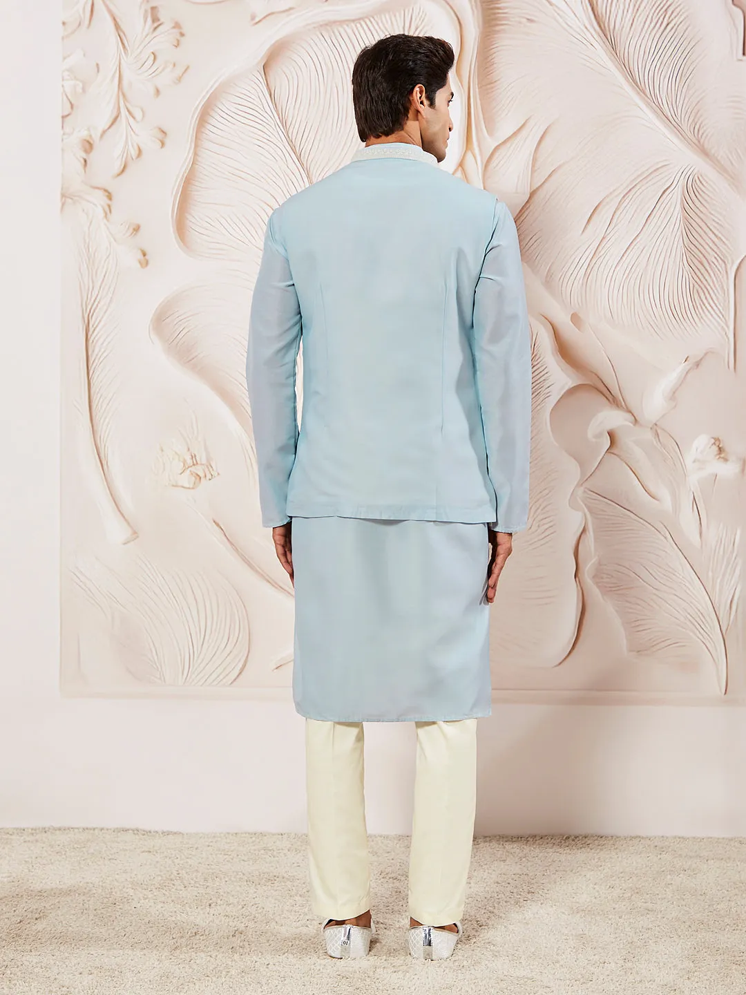 VASTRAMAY Men's Aqua Silk Blend  Jacket,Kurta And Pyjama Set.
