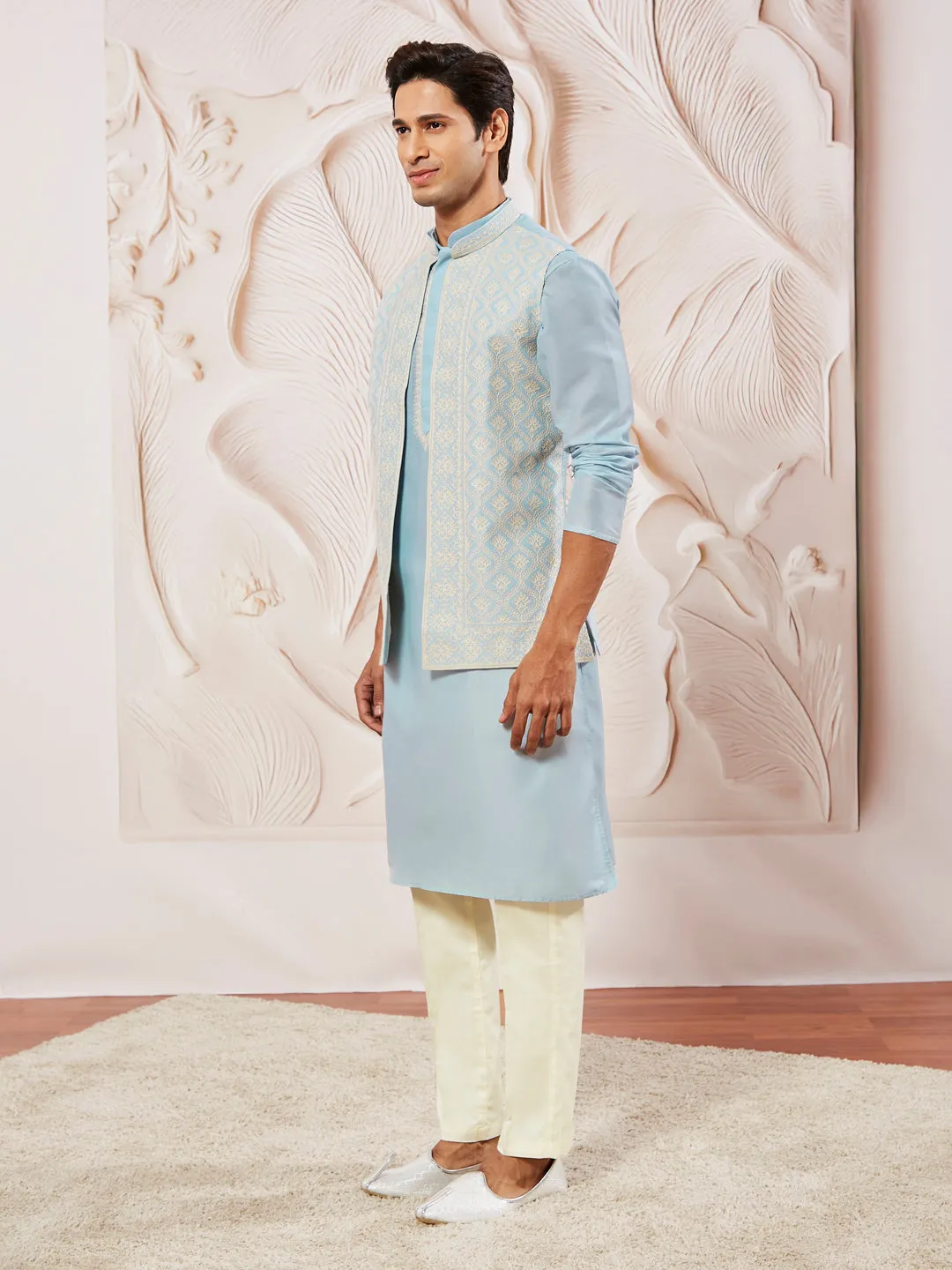 VASTRAMAY Men's Aqua Silk Blend  Jacket,Kurta And Pyjama Set.