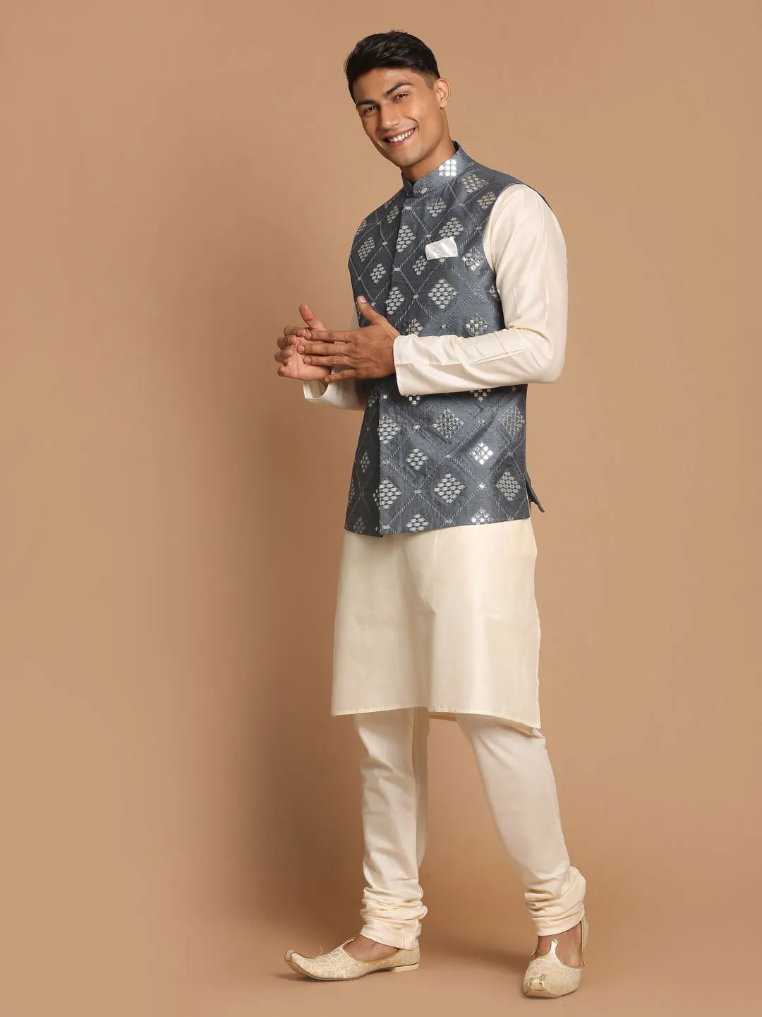 VASTRAMAY Men's Grey Mirror-Work Silk Blend Nehru Jacket With Solid Kurta & Pyjama Set