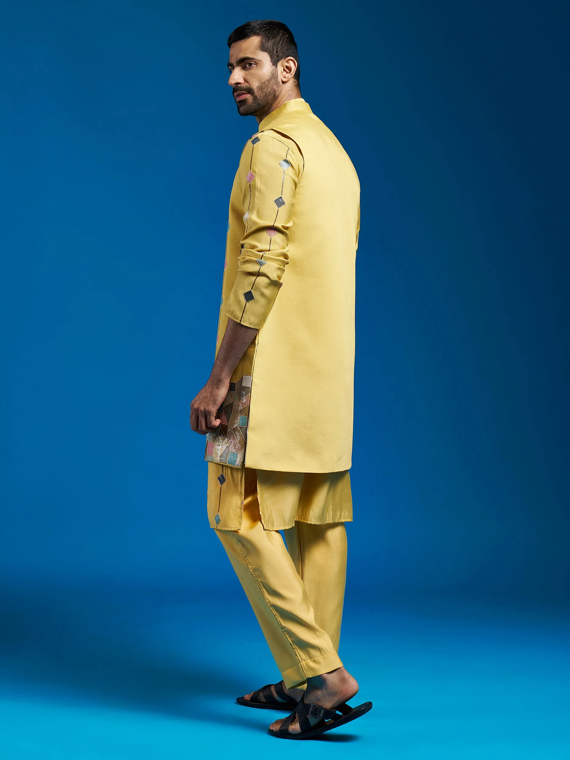 VASTRAMAY Men's Mustard Silk Blend Jacket,Kurta And Pyjama Set.