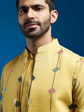 VASTRAMAY Men's Mustard Silk Blend Jacket,Kurta And Pyjama Set.