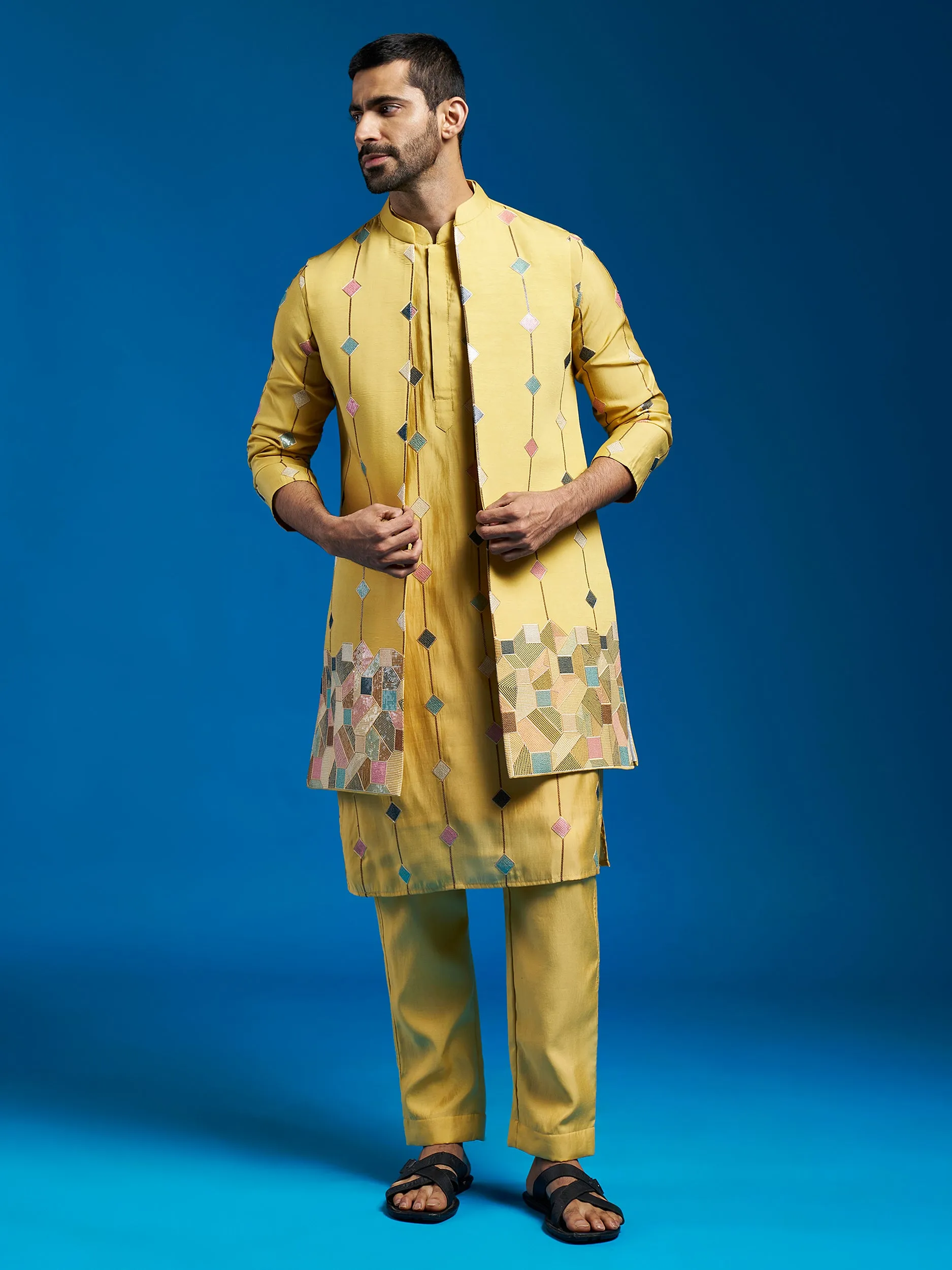 VASTRAMAY Men's Mustard Silk Blend Jacket,Kurta And Pyjama Set.