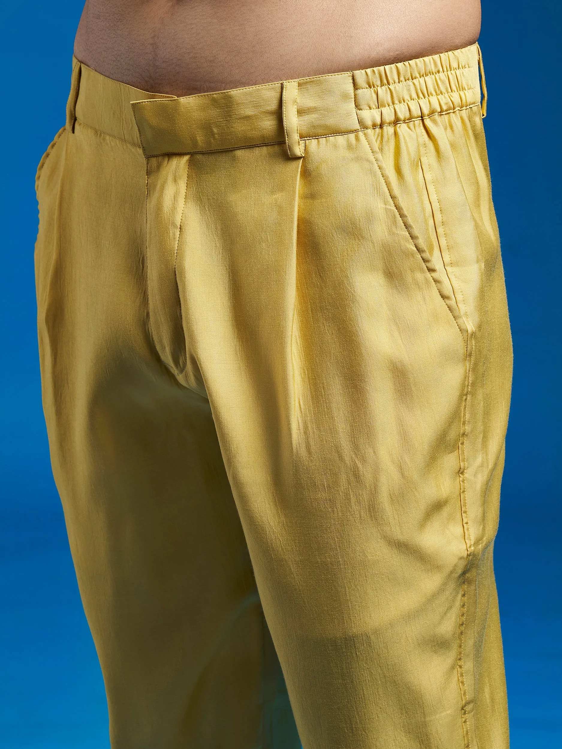 VASTRAMAY Men's Mustard Silk Blend Jacket,Kurta And Pyjama Set.