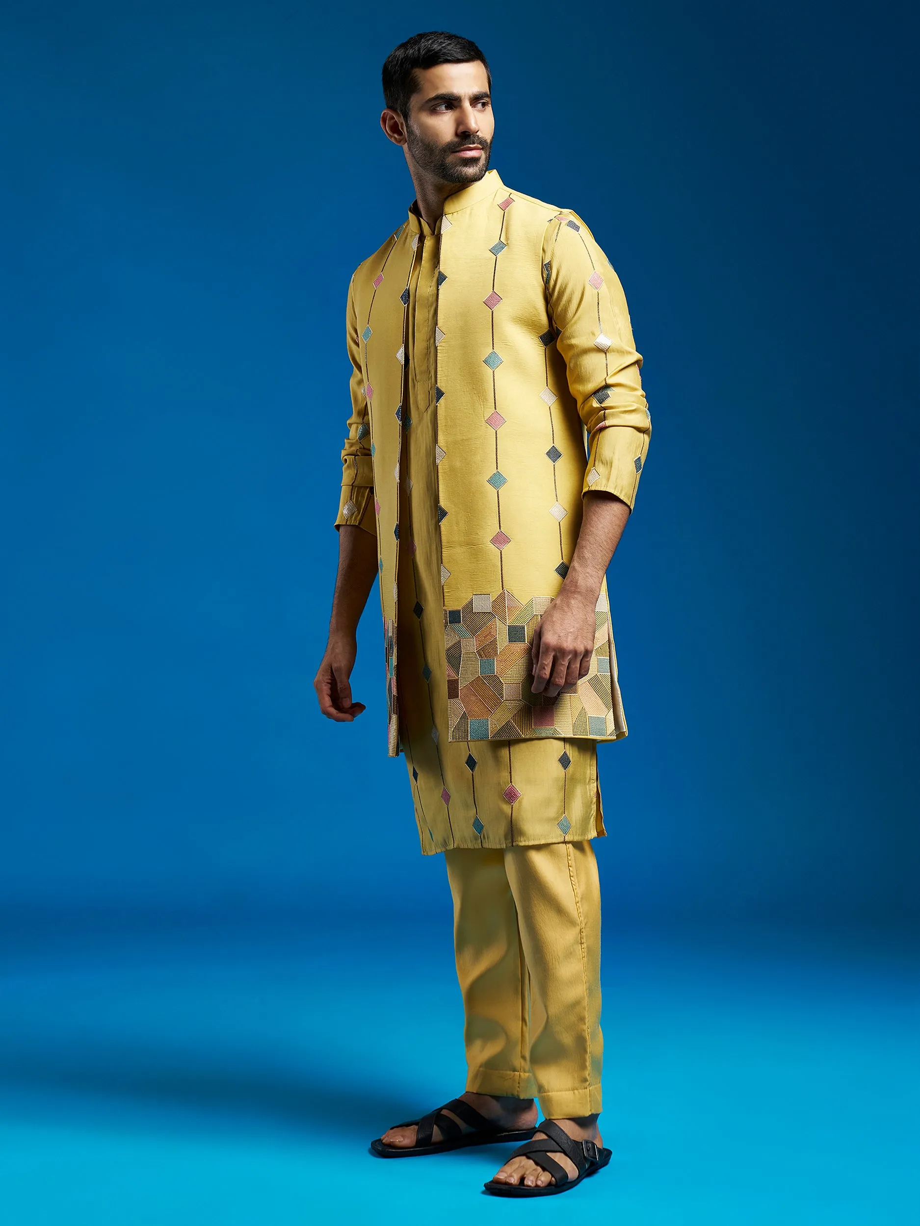VASTRAMAY Men's Mustard Silk Blend Jacket,Kurta And Pyjama Set.