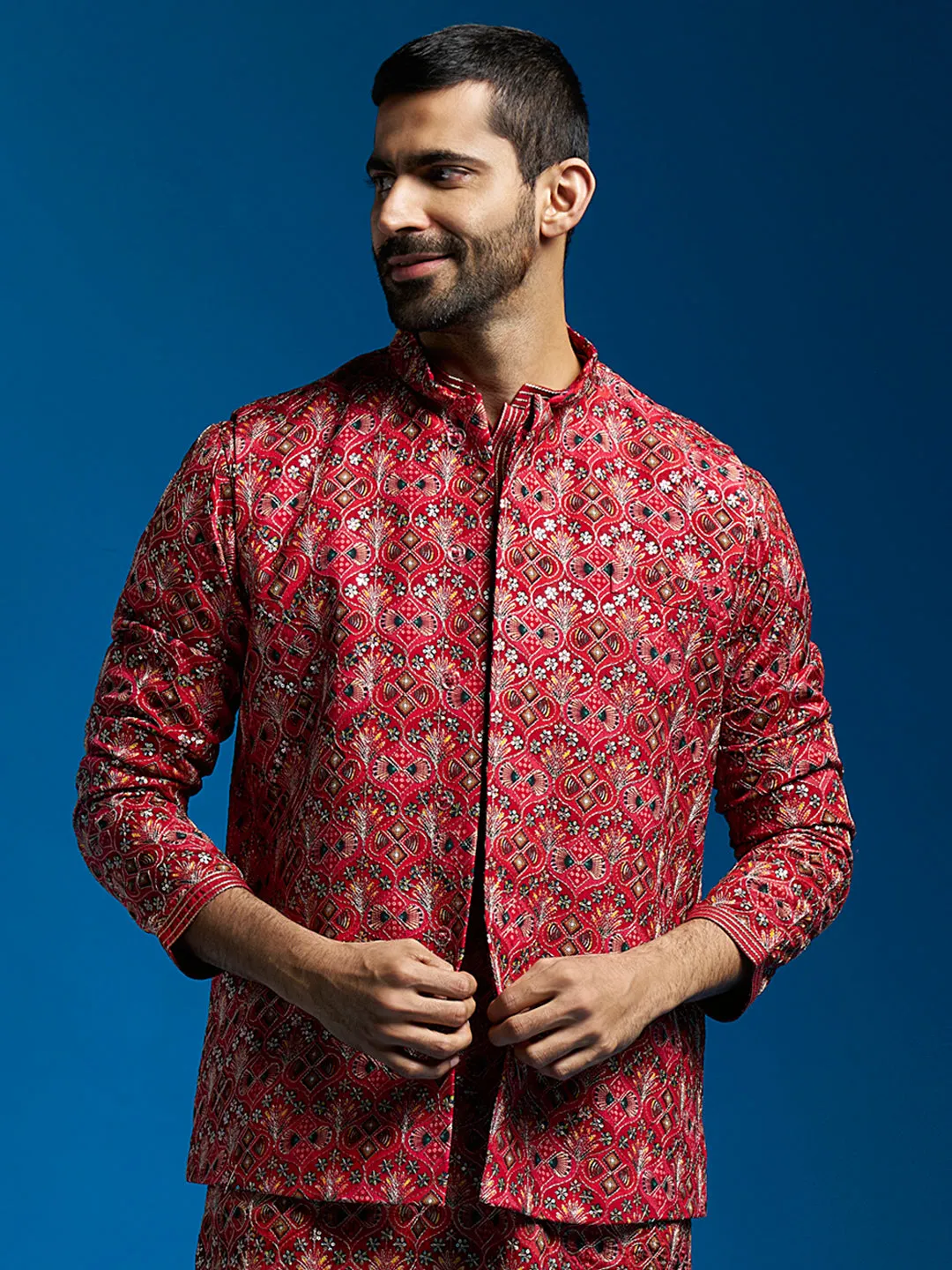 VASTRAMAY Men's Red - Nehru Jacket