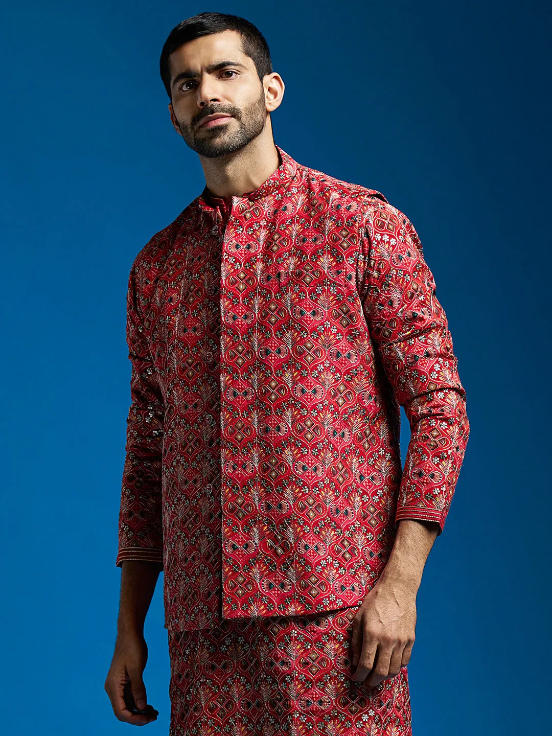 VASTRAMAY Men's Red - Nehru Jacket
