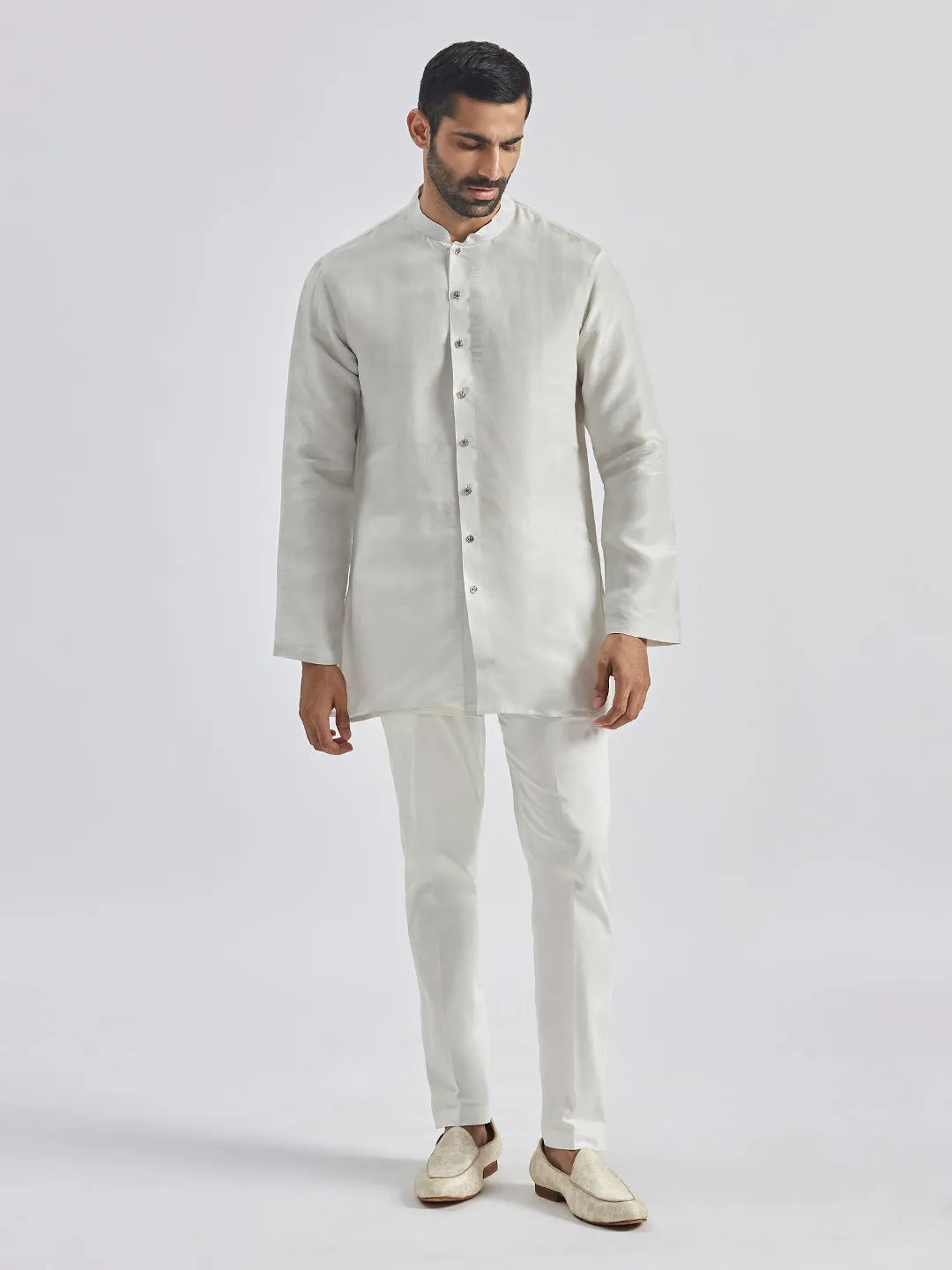 VASTRAMAY Men's Silver Tissue Jodhpuri,Kurta And Pyjama Set