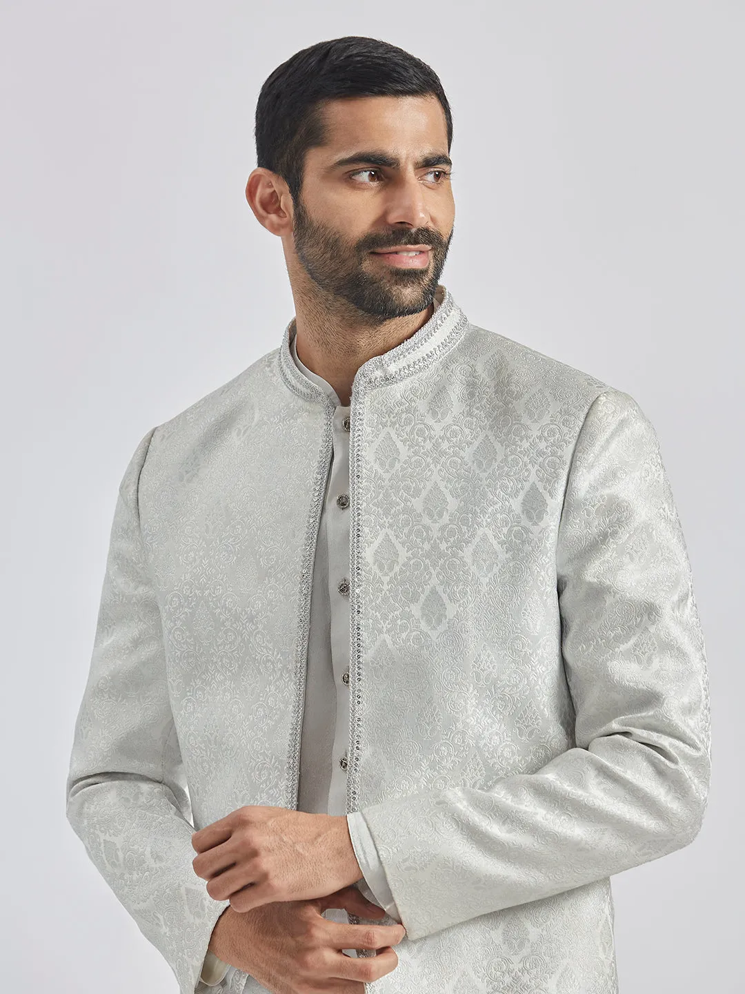 VASTRAMAY Men's Silver Tissue Jodhpuri,Kurta And Pyjama Set