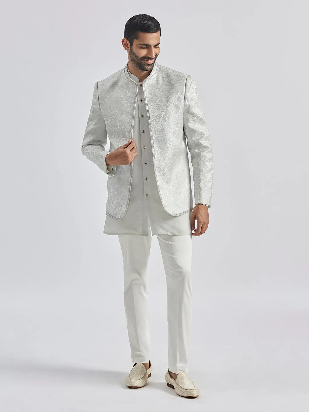 VASTRAMAY Men's Silver Tissue Jodhpuri,Kurta And Pyjama Set