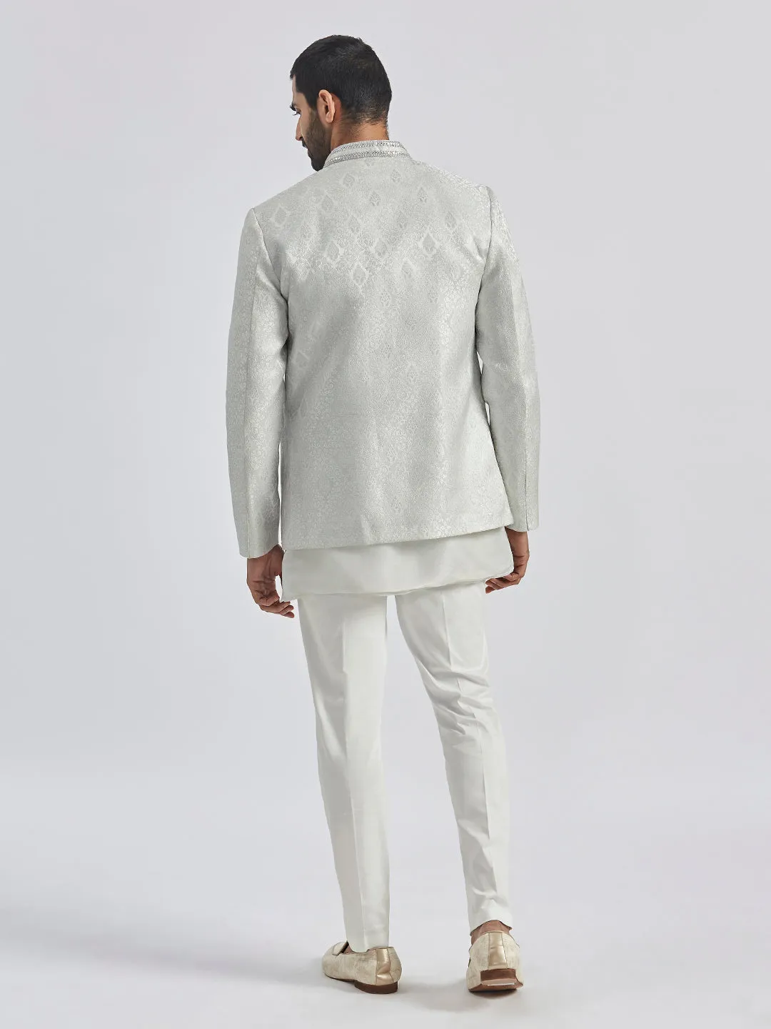 VASTRAMAY Men's Silver Tissue Jodhpuri,Kurta And Pyjama Set