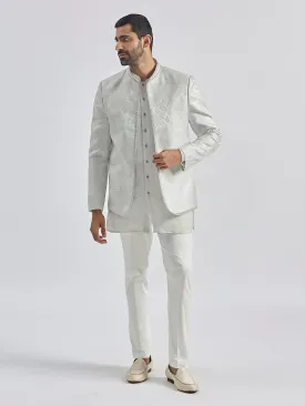 VASTRAMAY Men's Silver Tissue Jodhpuri,Kurta And Pyjama Set