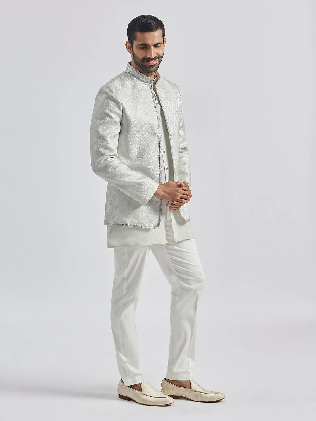 VASTRAMAY Men's Silver Tissue Jodhpuri,Kurta And Pyjama Set