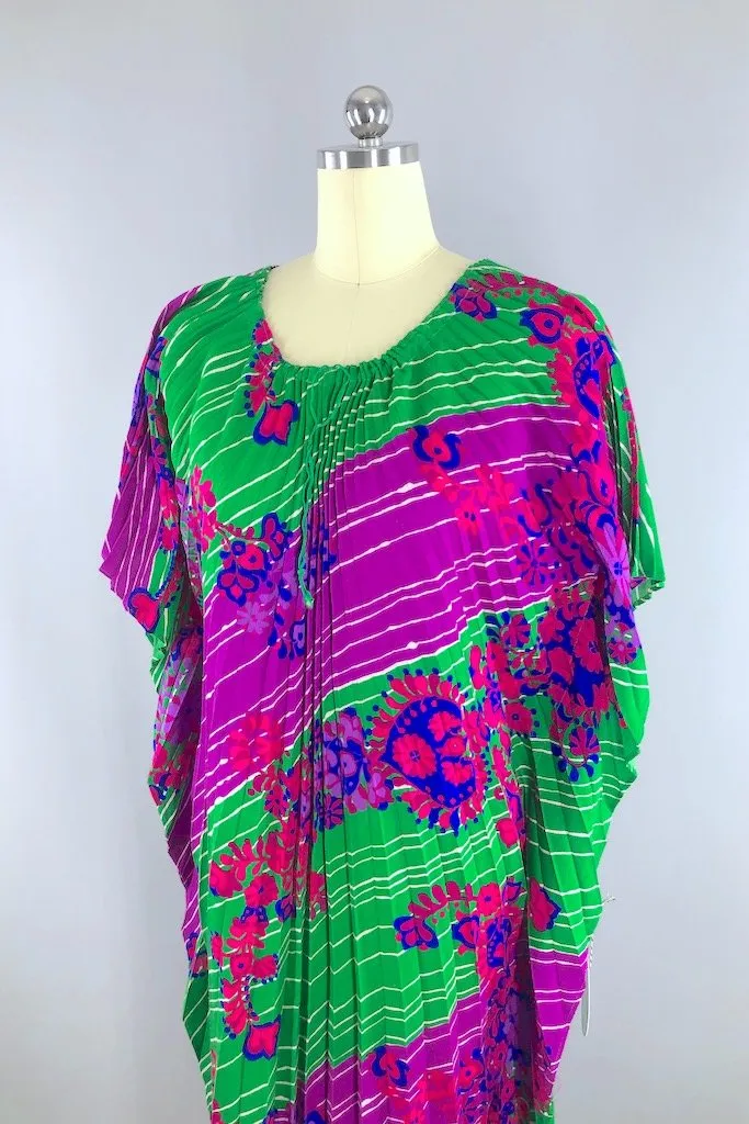 Vintage Purple & Green Floral Caftan Dress