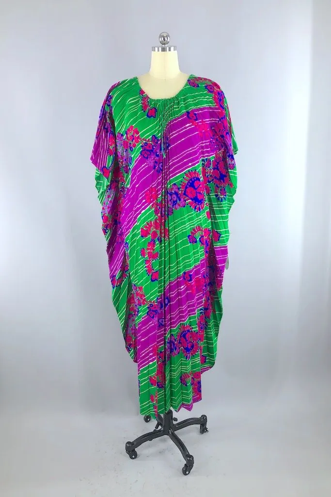 Vintage Purple & Green Floral Caftan Dress