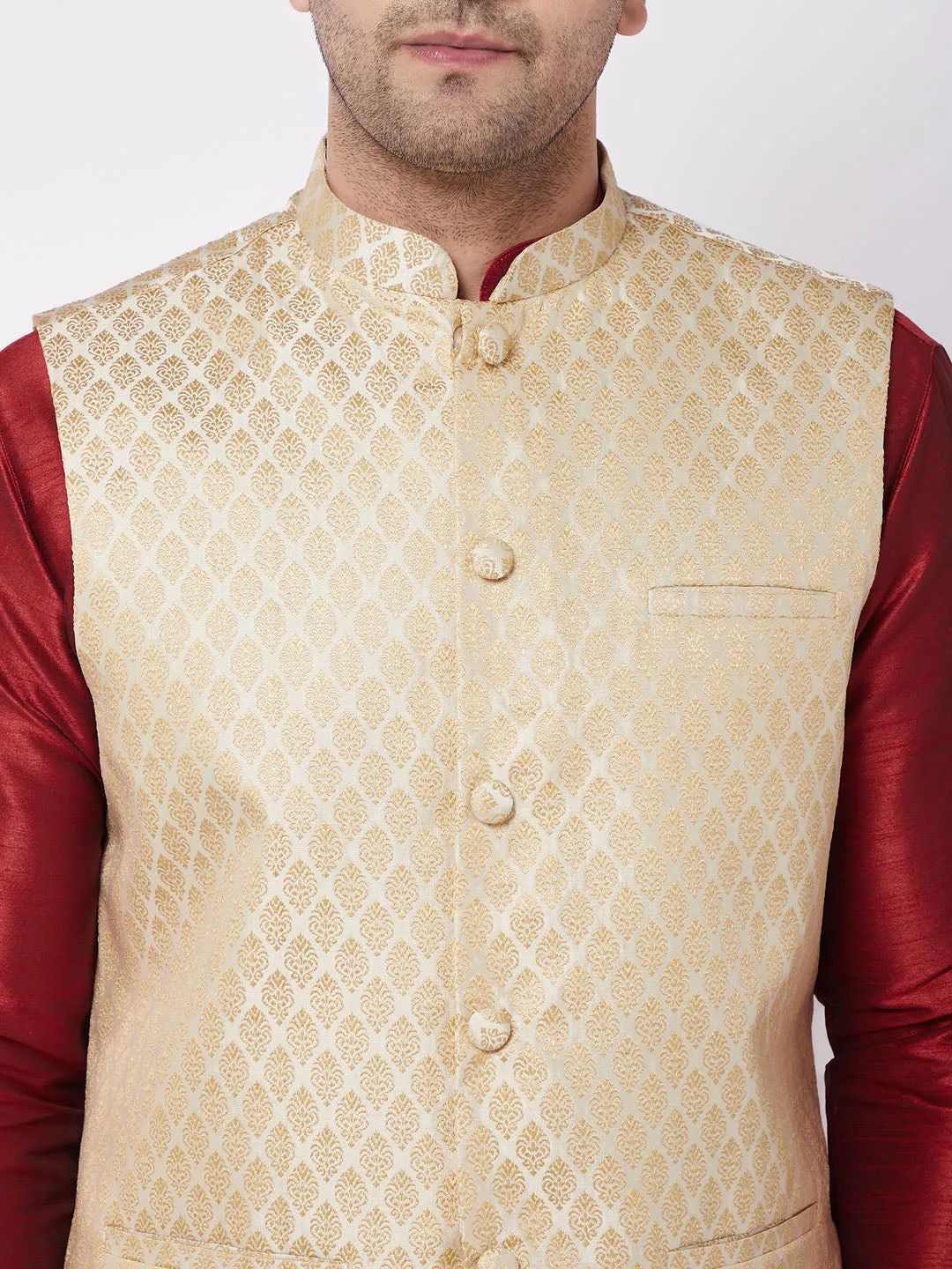VM BY VASTRAMAY Men's Cream Silk Blend Jacket With Kurta Dhoti Set