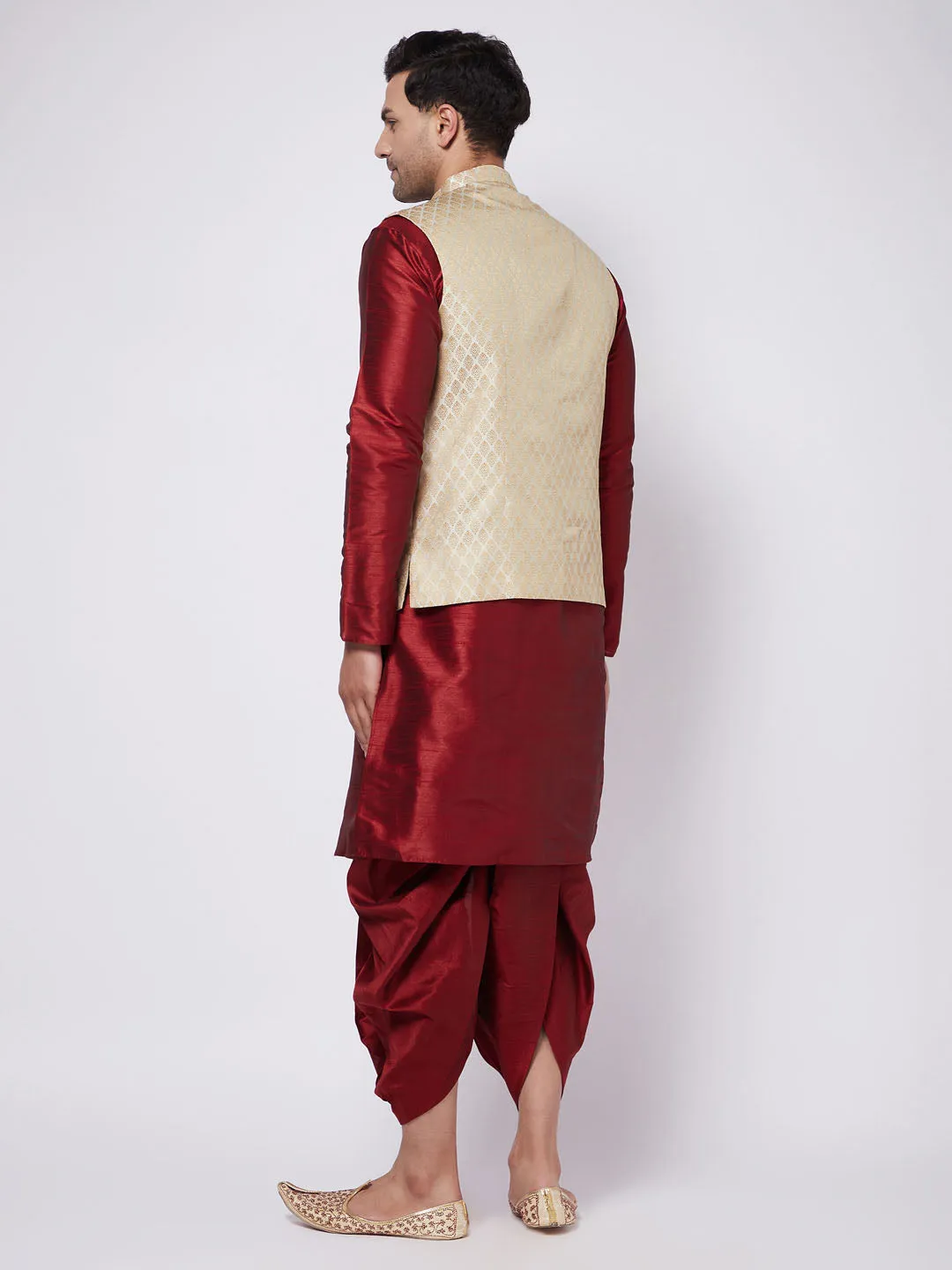 VM BY VASTRAMAY Men's Cream Silk Blend Jacket With Kurta Dhoti Set