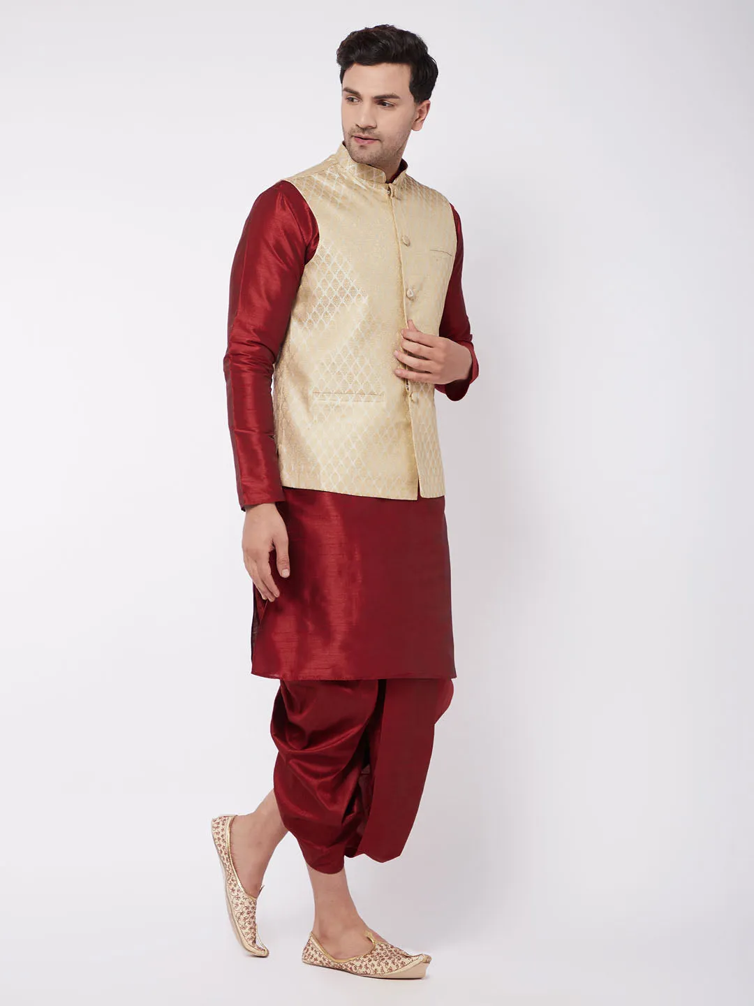 VM BY VASTRAMAY Men's Cream Silk Blend Jacket With Kurta Dhoti Set