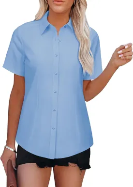 Womens Button Down Shirts Short Sleeve Fitted Button Up Dress Shirt Solid Collared Blouse Wrinkle Free Work Business Top