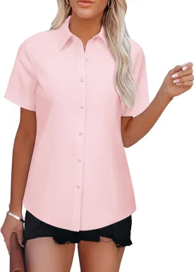 Womens Button Down Shirts Short Sleeve Fitted Button Up Dress Shirt Solid Collared Blouse Wrinkle Free Work Business Top