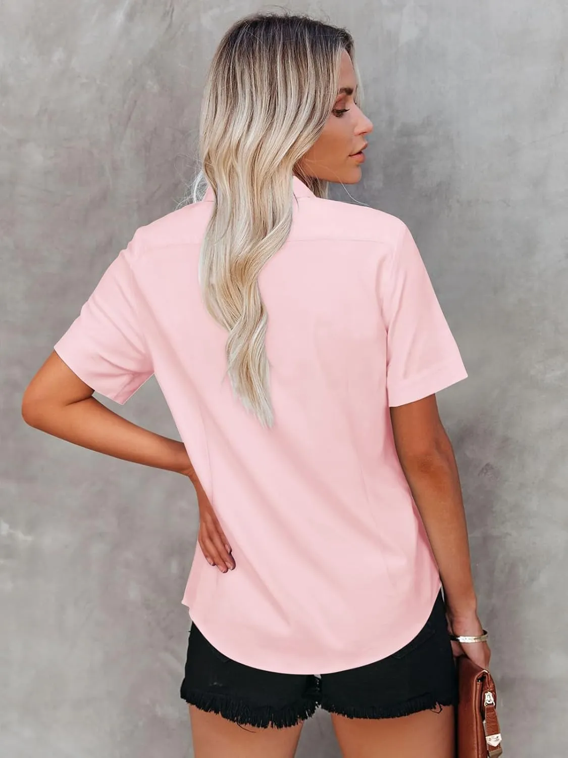 Womens Button Down Shirts Short Sleeve Fitted Button Up Dress Shirt Solid Collared Blouse Wrinkle Free Work Business Top