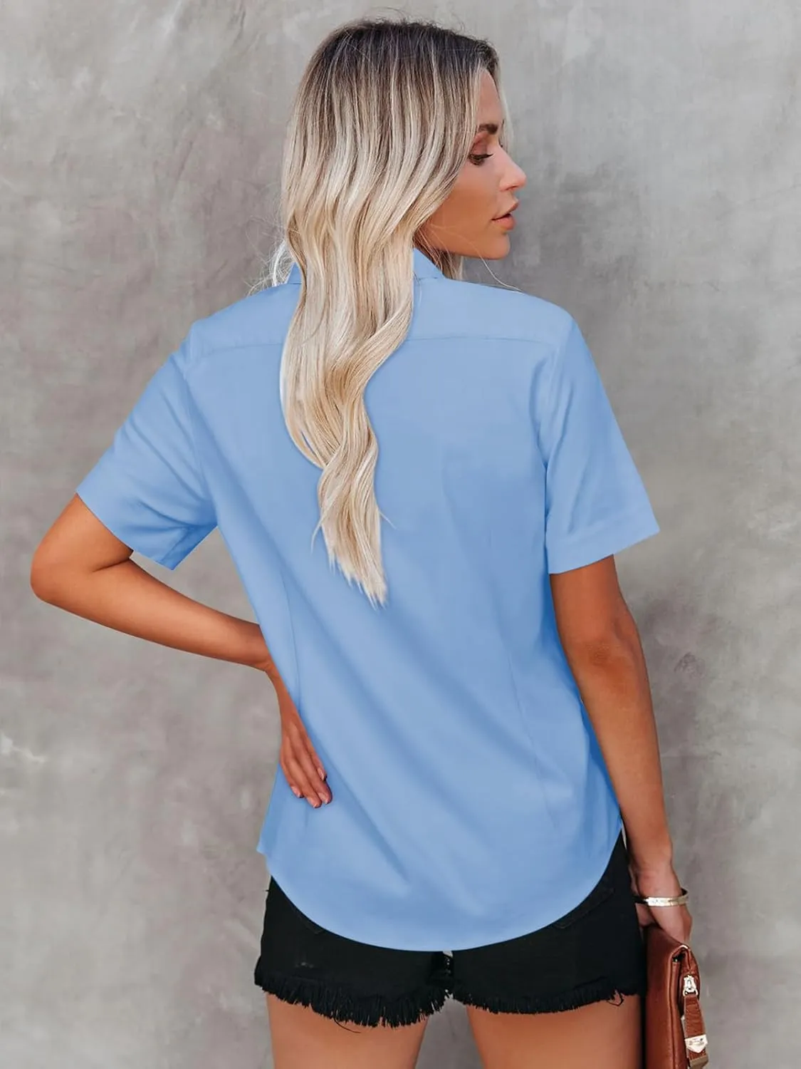 Womens Button Down Shirts Short Sleeve Fitted Button Up Dress Shirt Solid Collared Blouse Wrinkle Free Work Business Top