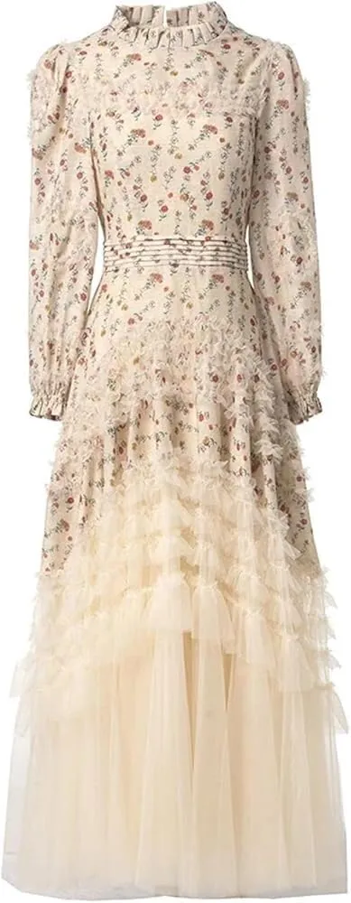 Women's Round Neck Stand Collar Dress Long Sleeve Printed Lace Swing A Line Party Gown