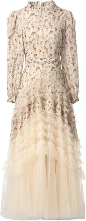 Women's Round Neck Stand Collar Dress Long Sleeve Printed Lace Swing A Line Party Gown