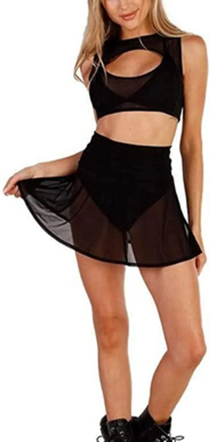 Women's Sheer Mesh Mini Skirts See-Through High Waist Solid Skater Skirt Beach Cover-ups Without Briefs