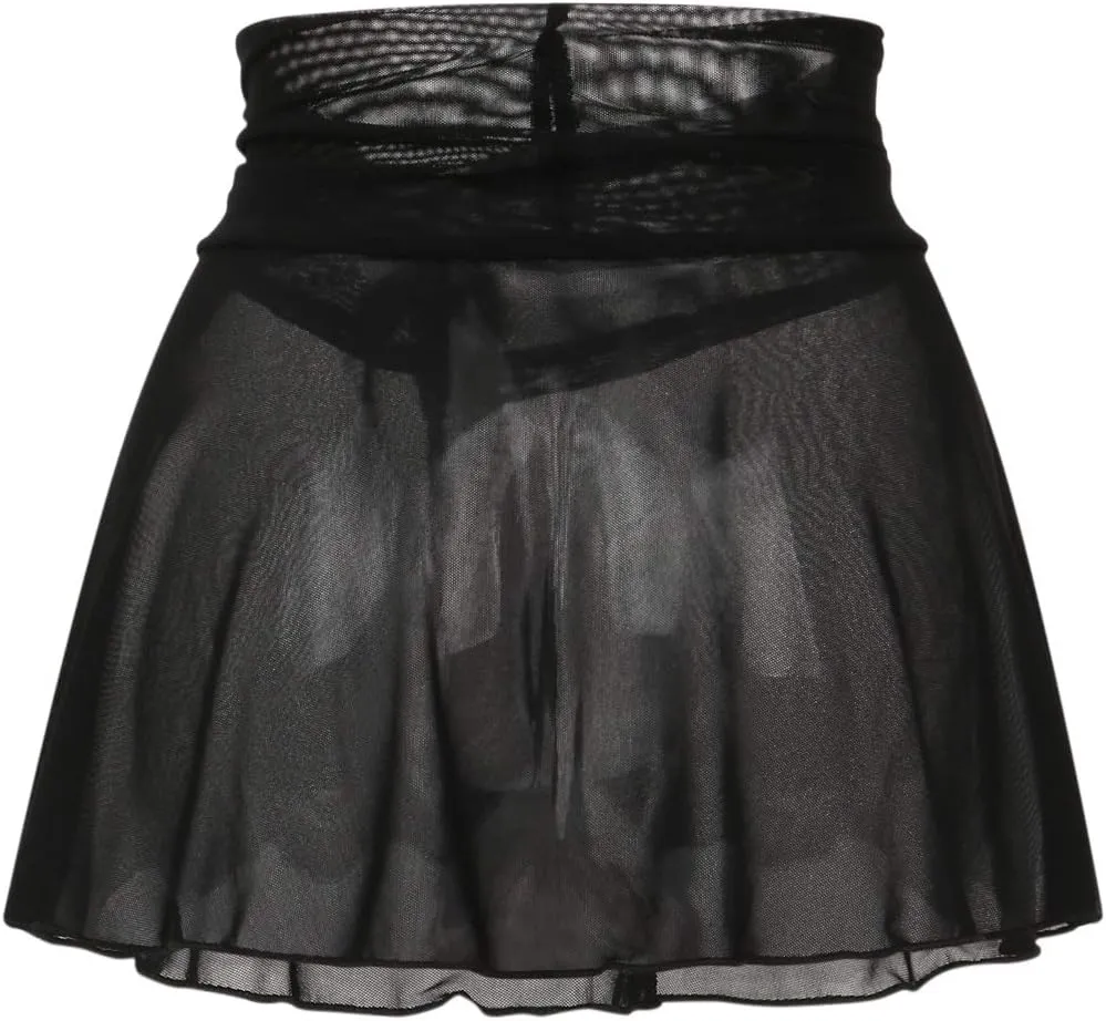Women's Sheer Mesh Mini Skirts See-Through High Waist Solid Skater Skirt Beach Cover-ups Without Briefs
