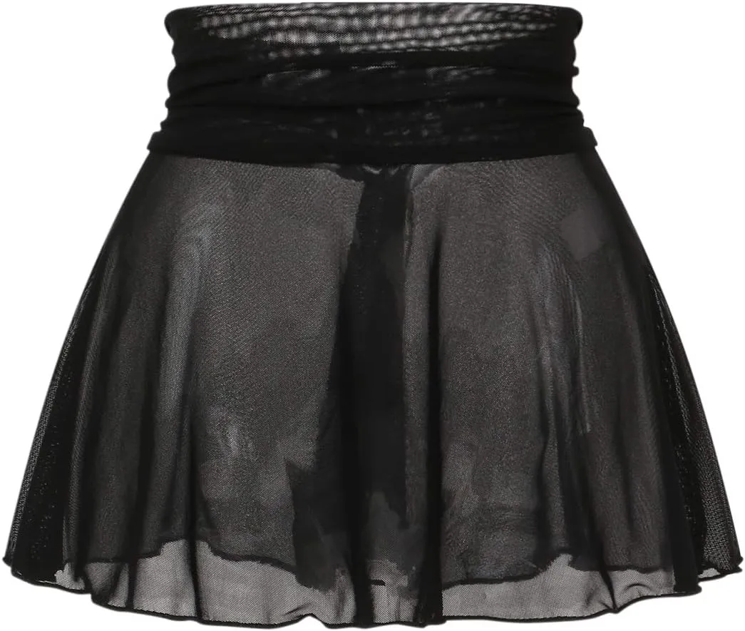 Women's Sheer Mesh Mini Skirts See-Through High Waist Solid Skater Skirt Beach Cover-ups Without Briefs