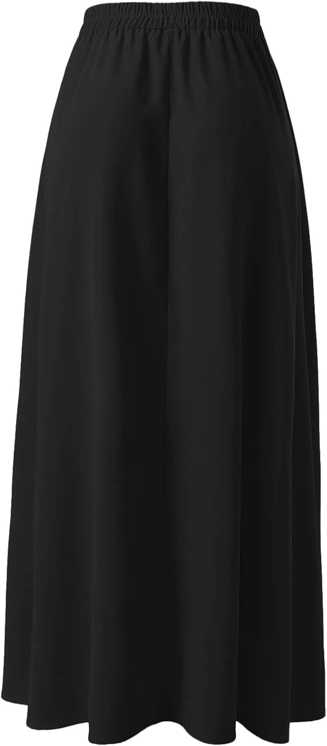 Women's Solid Color Pleated Long Skirt Casual Elastic High Waist Maxi Skirt Mopping Floor Length Skirt