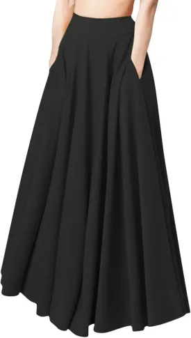 Women's Solid Color Pleated Long Skirt Casual Elastic High Waist Maxi Skirt Mopping Floor Length Skirt