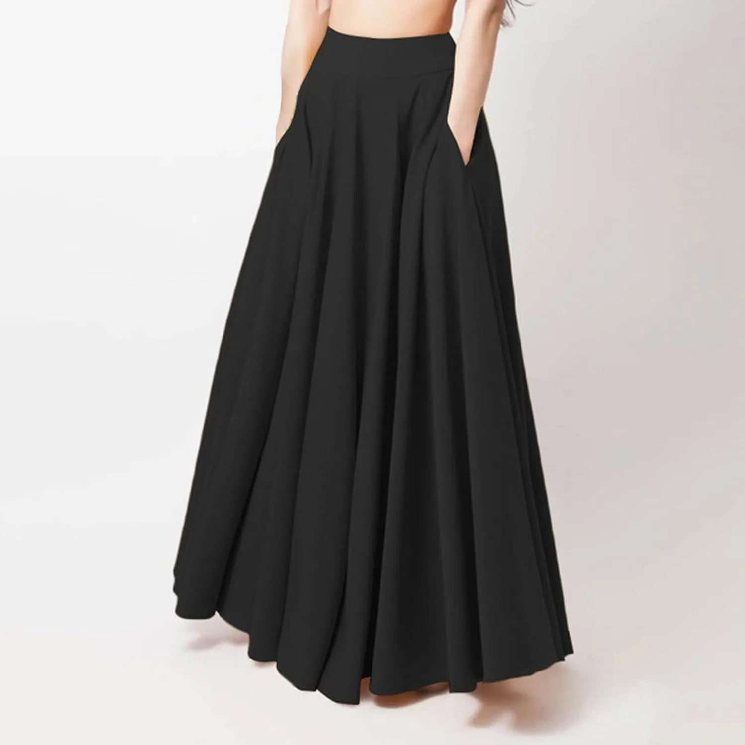 Women's Solid Color Pleated Long Skirt Casual Elastic High Waist Maxi Skirt Mopping Floor Length Skirt
