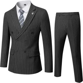 YND Men's 2 Piece Slim Fit Suit, Double-Breasted Stripe Tuxedo Set with Tie, Party Wedding Dress Blazer, Tux and Trousers