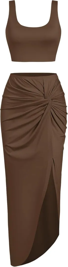 ZAFUL Womens 2 Pieces Skirt with Crop Tank, High-Slit Twist Skirt Set Bodycon Dress for Party Club Nightout Cocktail